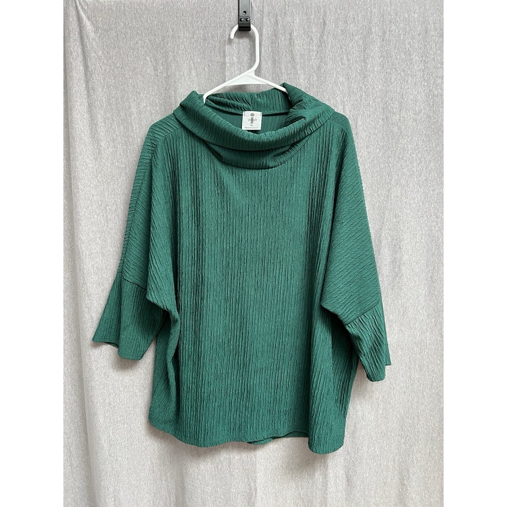 Inoah Womens Sz XL 3/4 Sleeve Green Crickle Cowl Neck Art to Wear